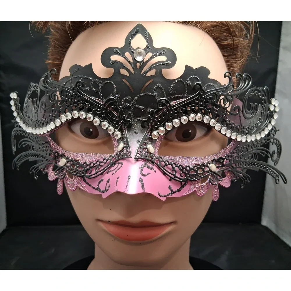 Black and Pink Laser-Cut Masquerade mask with Rhinestones Adult Size